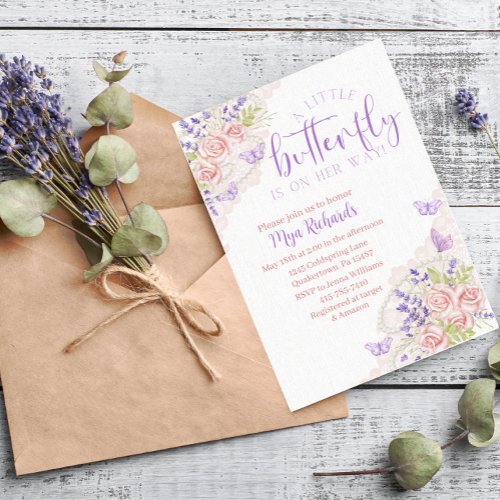 Vintage purple  pink butterfly lace baby shower invitation