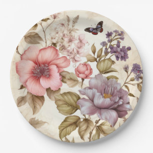 Vintage Purple Pink Floral Paper Plate