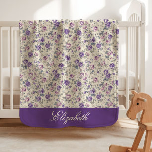 Vintage Purple Pink Floral Script Name Baby Blanket