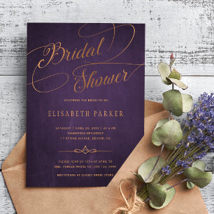 Vintage purple plum gold calligraphy bridal shower invitation