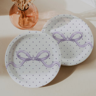 Vintage Purple Polkadot Bow Baby Shower Paper Plates