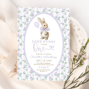 Vintage Purple Rose Bunny Rabbit 1st Birthday Girl Invitation