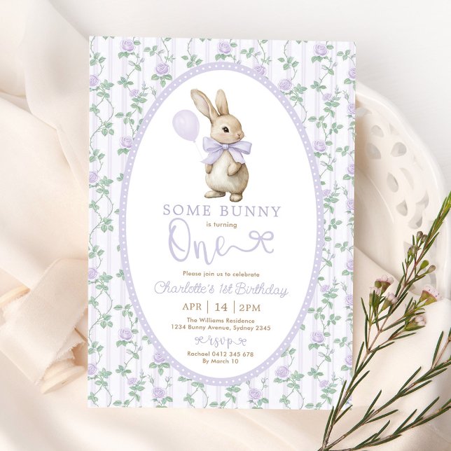 Vintage Purple Rose Bunny Rabbit 1st Birthday Girl Invitation (Creator Uploaded)