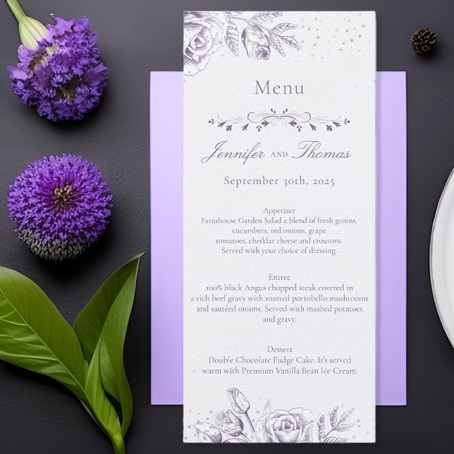 Vintage Purple Rose Glitter Confetti Wedding Menu (Creator Uploaded)