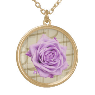 Vintage Purple Rose Music Gold Round Necklace
