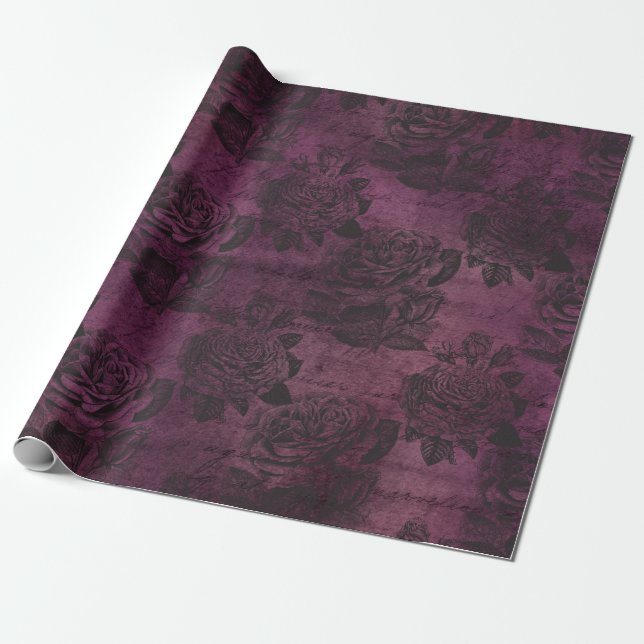 Vintage Purple Rose Pattern Wrapping Paper (Unrolled)