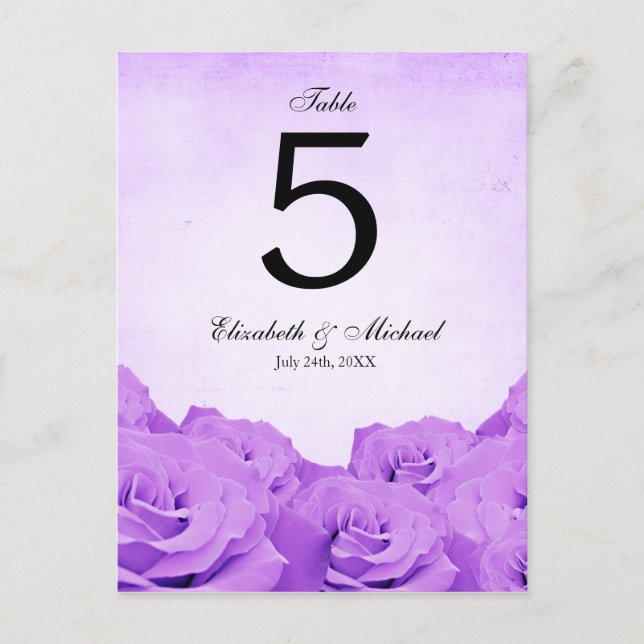 Vintage Purple Rose Wedding Table Number (Front)