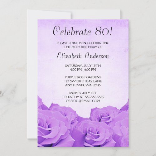 Vintage Purple Roses 80th Birthday Party Custom Invite