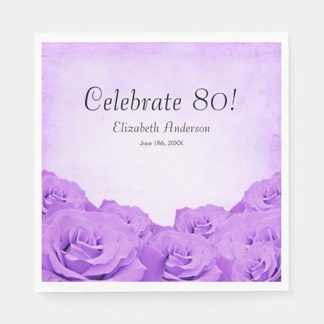 Vintage Purple Roses 80th Birthday Party Napkins (Front)