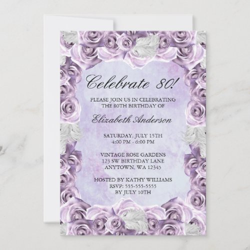 Vintage Purple Roses and Feather 80th Birthday Invitation