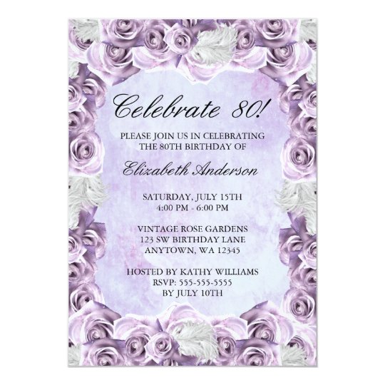 Vintage Purple Roses and Feather 80th Birthday Invitation ...
