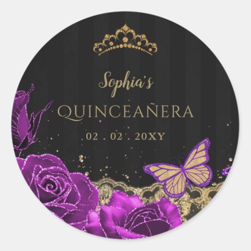 Vintage Purple Roses Black Gold Lace Quinceaera Classic Round Sticker