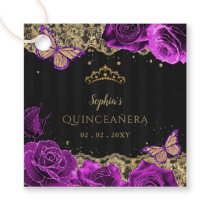 Vintage Purple Roses Black Gold Lace Quinceañera Favor Tags