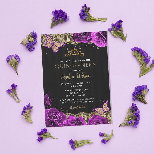 Vintage Purple Roses Black Gold Lace Quinceaera Invitation
