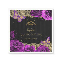 Vintage Purple Roses Black Gold Lace Quinceañera Napkins