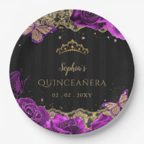 Vintage Purple Roses Black Gold Lace Quinceañera Paper Plates
