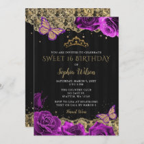 Vintage Purple Roses Black Gold Lace Sweet 16 Invitation
