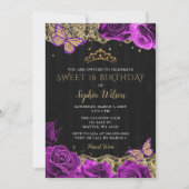 Vintage Purple Roses Black Gold Lace Sweet 16 Invitation (Front)