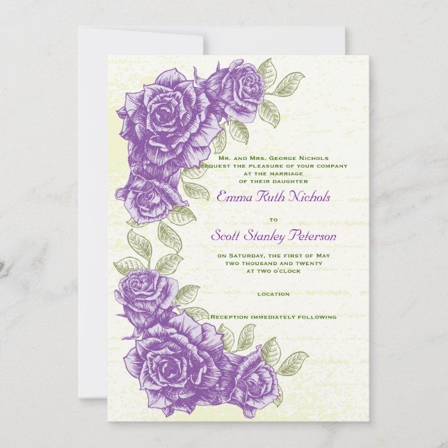 Vintage purple roses custom wedding invitation (Front)