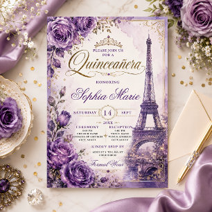 Vintage Purple Roses Eiffel Tower Quinceañera  Invitation