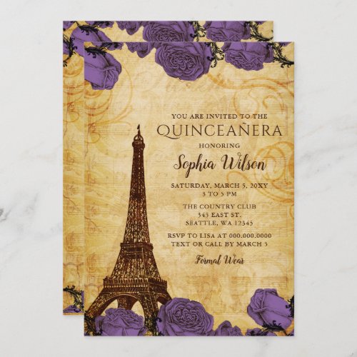 Vintage Purple Roses Eiffel Tower Quinceaera  Invitation