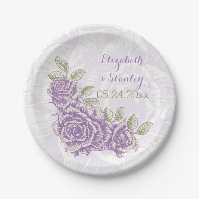 Vintage purple roses floral wedding paper plates (Front)