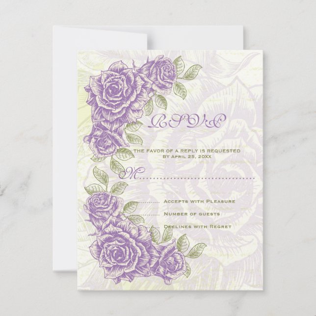 Vintage purple roses wedding RSVP response card (Front)