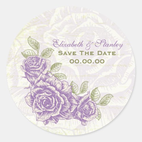 Vintage purple roses wedding Save the Date sticker
