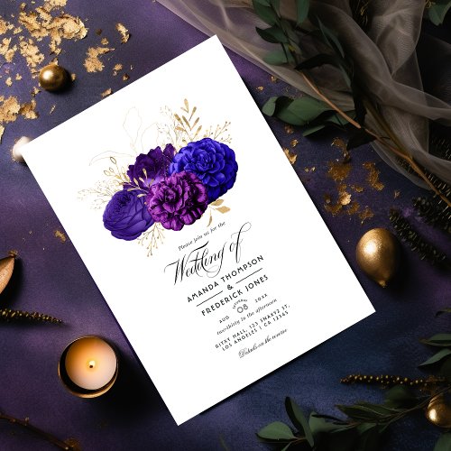 Vintage Purple Royal Blue and Gold Floral Wedding Invitation