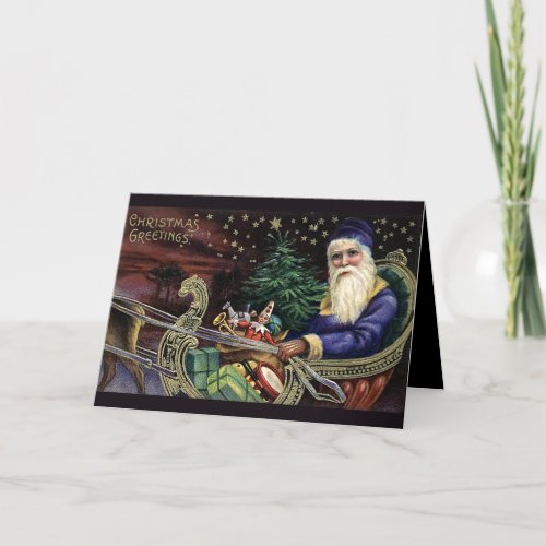 Vintage Purple Santa Sleigh Stars Greeting Card