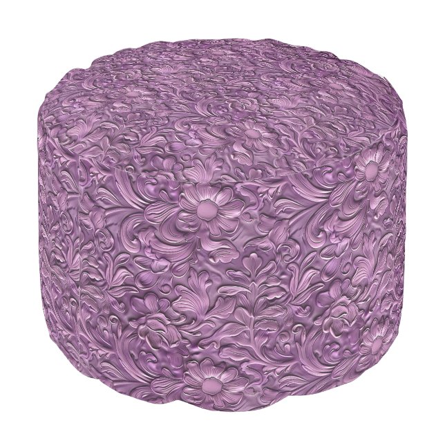 Vintage purple tooled leather pouf (Angled Back)