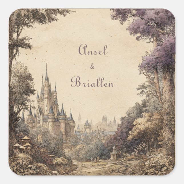 Vintage Purple Tree Castle Village Wedding Square Sticker (Front)
