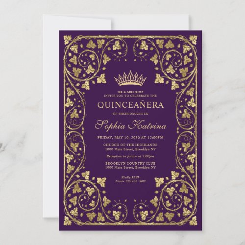 Vintage Purple Violet Gold Frame Tiara Quinceanera Invitation