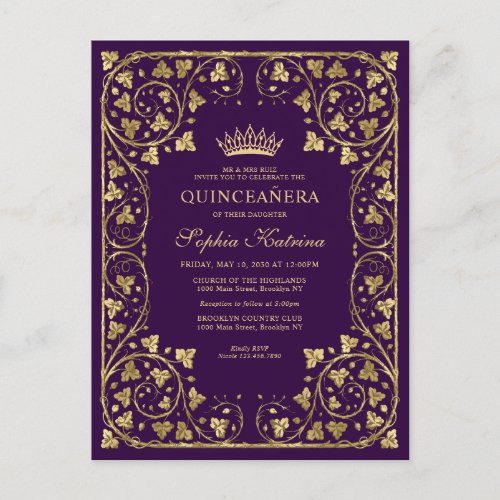Vintage Purple Violet Gold Frame Tiara Quinceanera Invitation Postcard