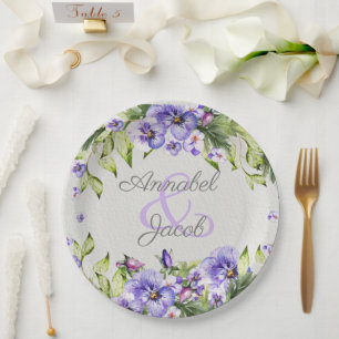Vintage Purple Watercolor Pansy Wedding Paper Plates