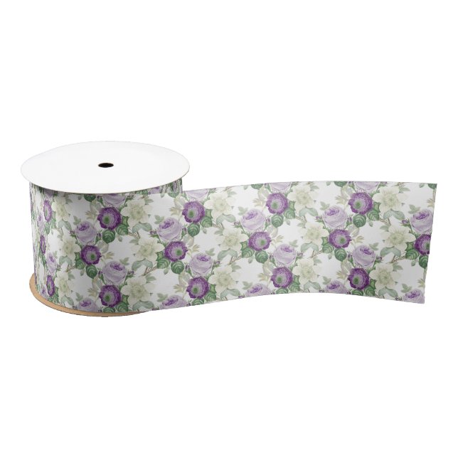 vintage purple white floral pattern satin ribbon (Spool)