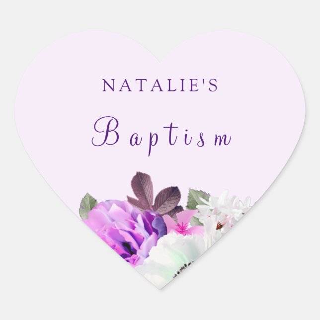 Vintage Purple White Flower Baptism Christening Heart Sticker (Front)