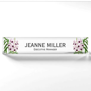 Vintage Purple White Orchid Flower General Manager Desk Name Plate