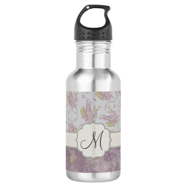 Vintage Purple Wisteria with Monogram Water Bottle (Front)