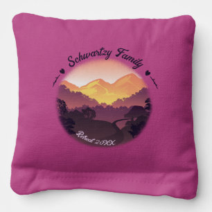 Vintage Purple Yellow Farmhouse Mountain Sunset Cornhole Bags