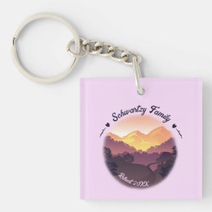 Vintage Purple Yellow Farmhouse Mountain Sunset Keychain