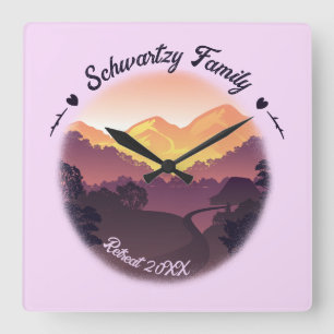 Vintage Purple Yellow Farmhouse Mountain Sunset Square Wall Clock