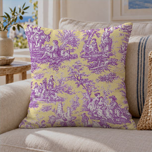 Vintage Purple Yellow French Toile de Jouy Throw Pillow