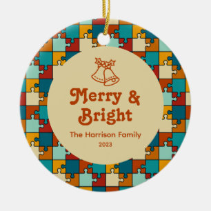 Vintage Puzzle Merry & Bright Family Photo Ceramic Ornament