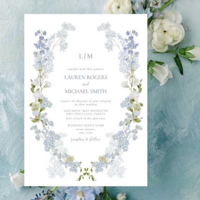 Vintage QR Code Dusty Blue Garden Monogram Wedding Invitation (QR Code Dusty Blue Wedding Invitation)