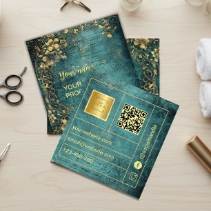 Vintage Qr Code Emerald Green Gold and Black  Square Business Card