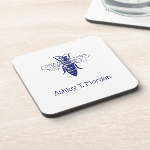 Vintage Queen Bee Drawing in Blue Beverage Coaster