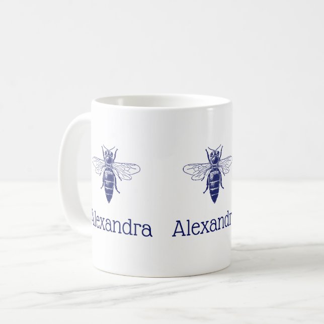 Vintage Queen Bee Drawing in Blue Coffee Mug (Front Left)