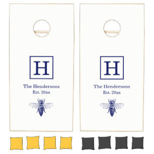 Vintage Queen Bee Drawing in Blue Cornhole Set