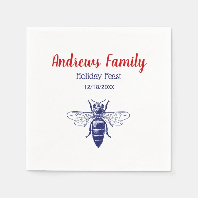 Vintage Queen Bee Drawing in Blue Napkins (Front)